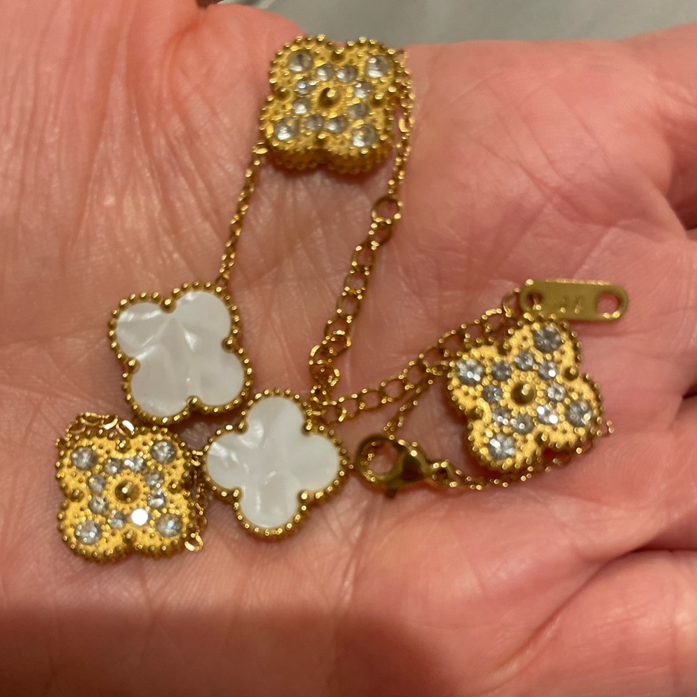 Gold Clover with White Mother-of-Pearl like and Crystal Accents